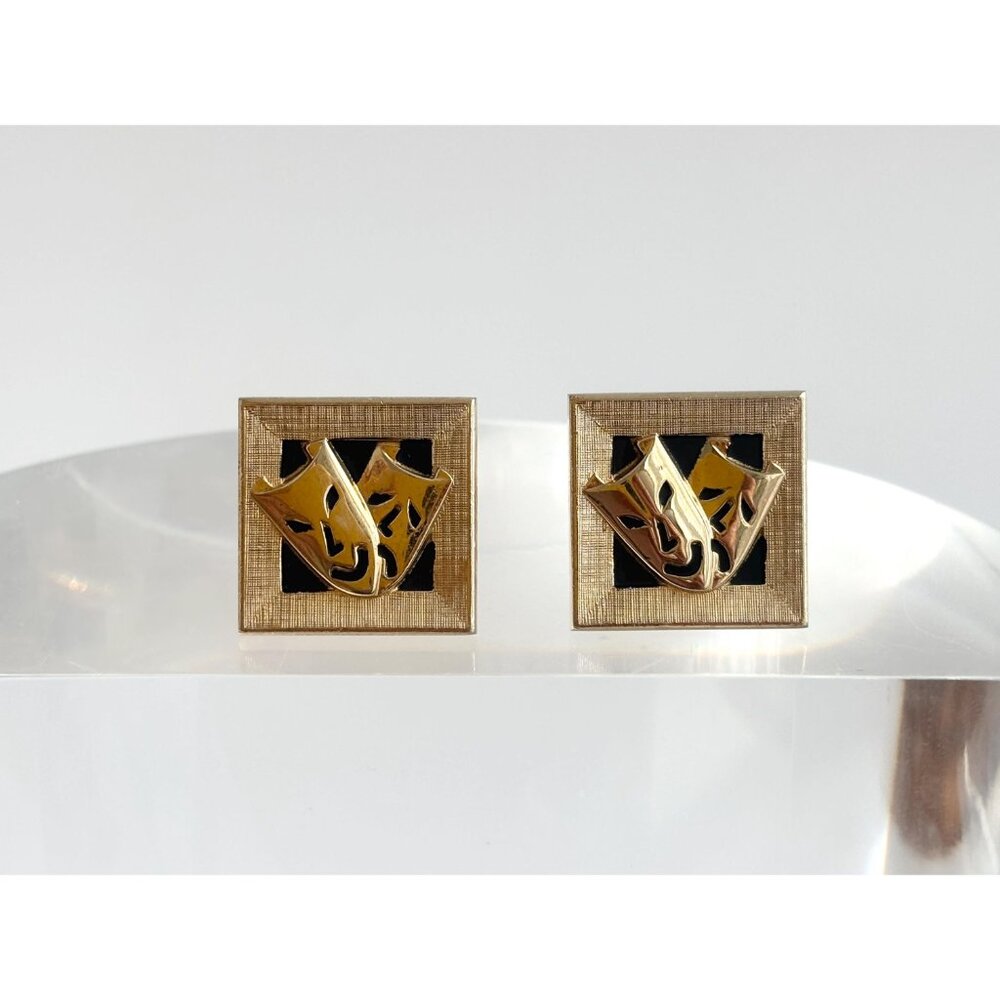 Swank Theater Mask Designed Comedy + Tragedy Gold Toned Square Vintage Enclosure - Picture 9 of 14